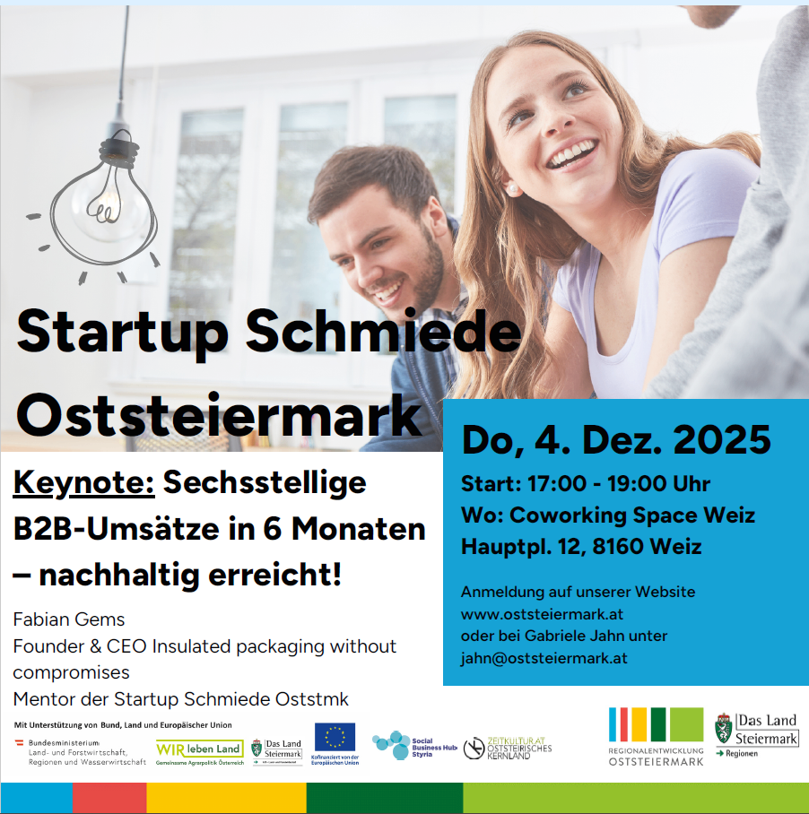 Ein Werbeplakat für Startup Schmiede Osterreich. Es zeigt eine lächelnde Frau, einen Mann und eine Glühbirne. Der Plakat enthält das Datum, 4. Dezember 2025, einen Keynote-Sprecher und Details zu einem sechsmonatigen B2B-Verkaufsplan. Registrierungsinformationen sind auf einer Website verfügbar.
