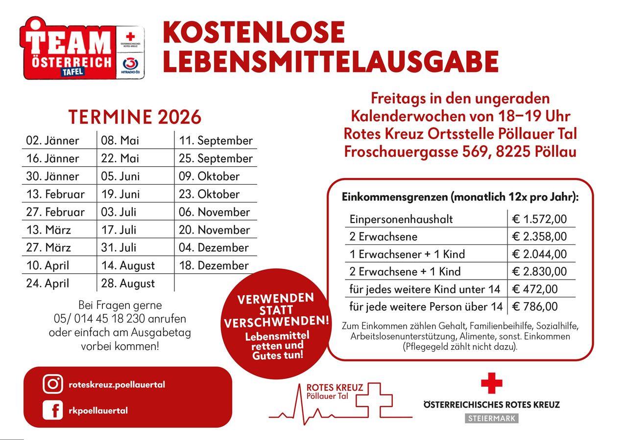 Plakat mit Details zur kostenlosen Lebensmittelausgabe von Rotes Kreuz in Poelauertal. Datum 2026. Eignung basiert auf Einkommen. Für weitere Informationen anrufen.