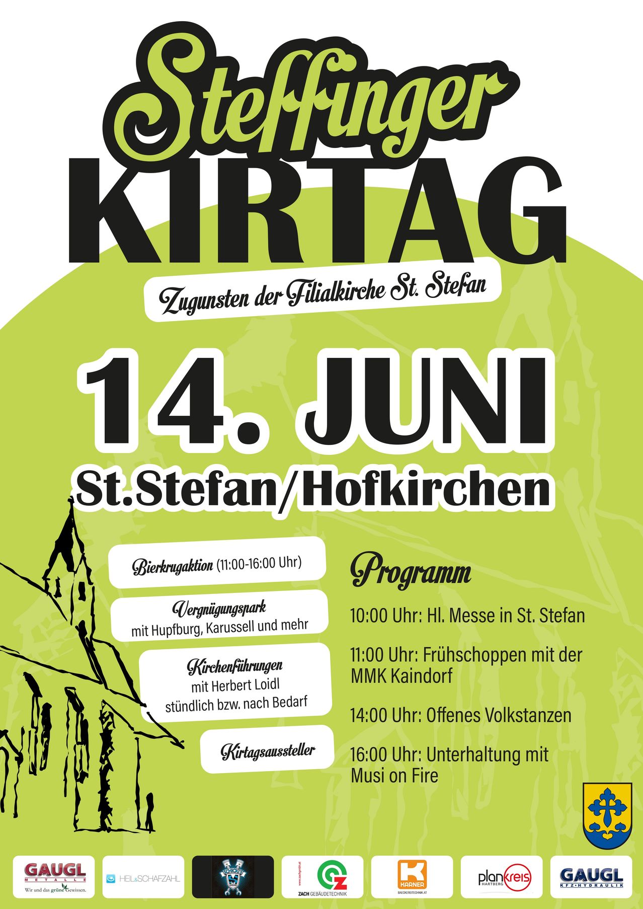 Poster for the St. Stefan Parish Day on June 14. Activities include a beer tasting, amusement park, church tours, and evening folk dancing.