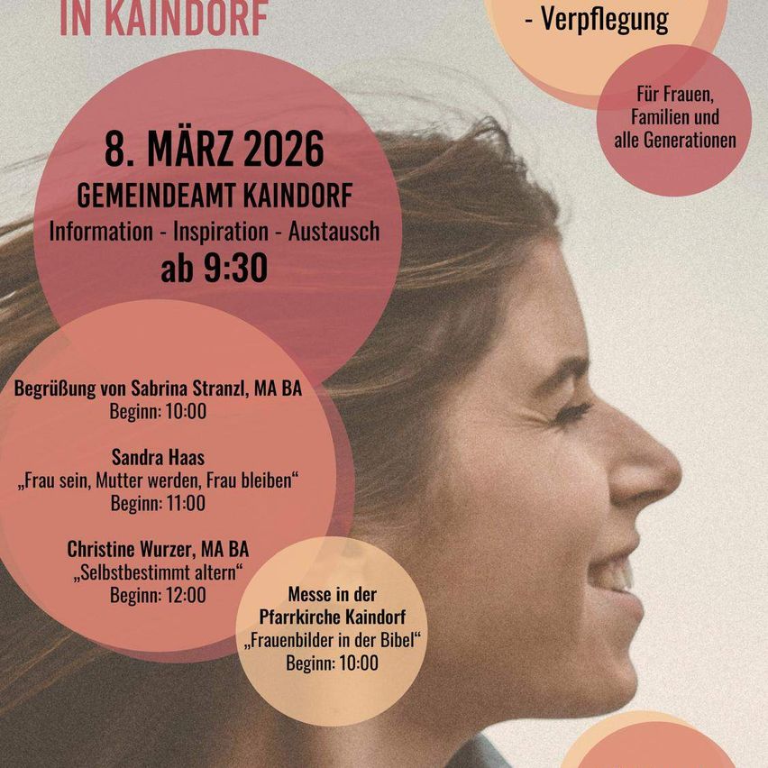 Poster für eine Veranstaltung in Kinddorf am 8. März 2026. Es zeigt eine Frau und spricht über das Frausein, Muttersein und Fraubleiben.