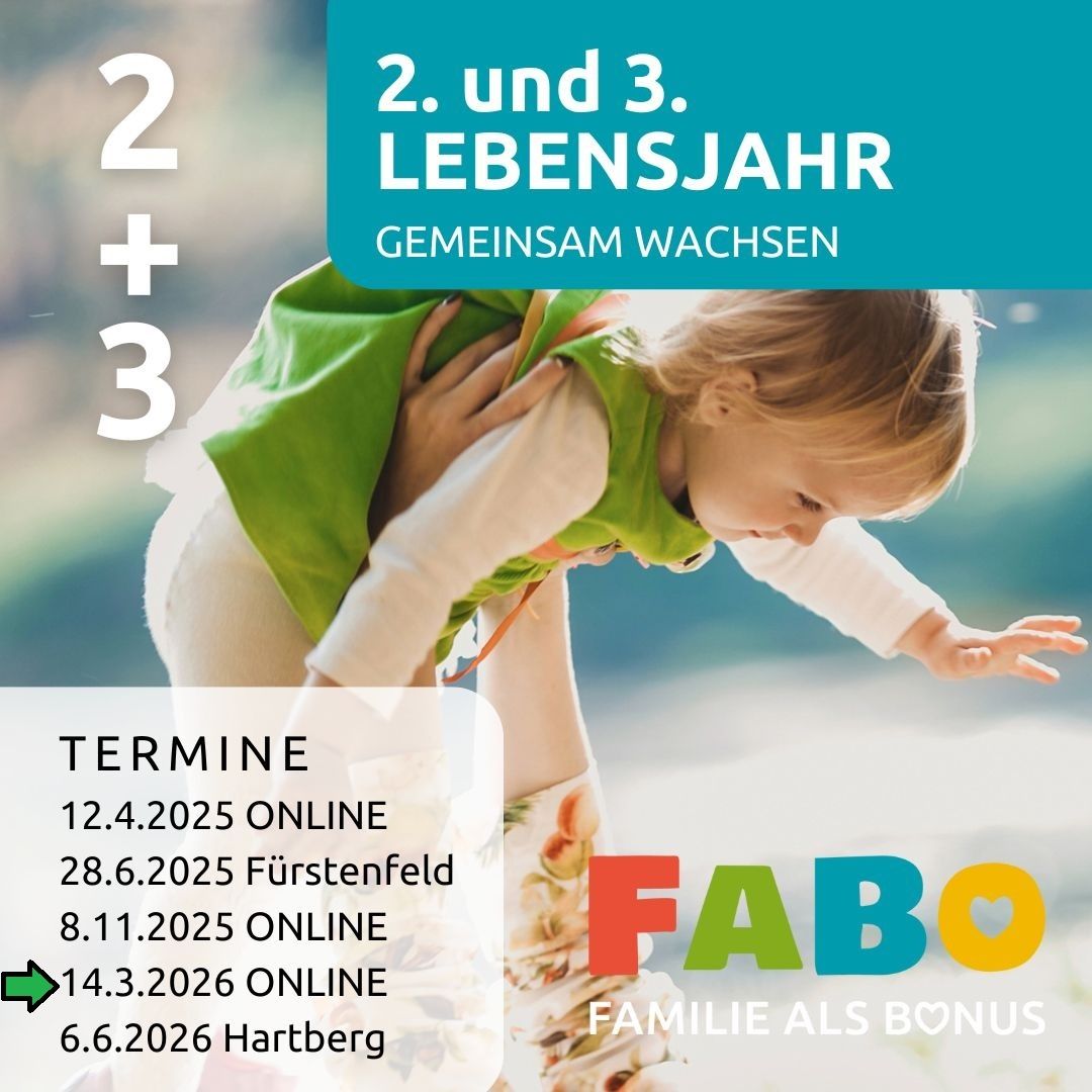 Werbeanzeige für ein Programm über Familienwachstum, das ein junges Kind zeigt. Termine und Orte für Veranstaltungen sind aufgelistet, einschließlich Online-Sitzungen.