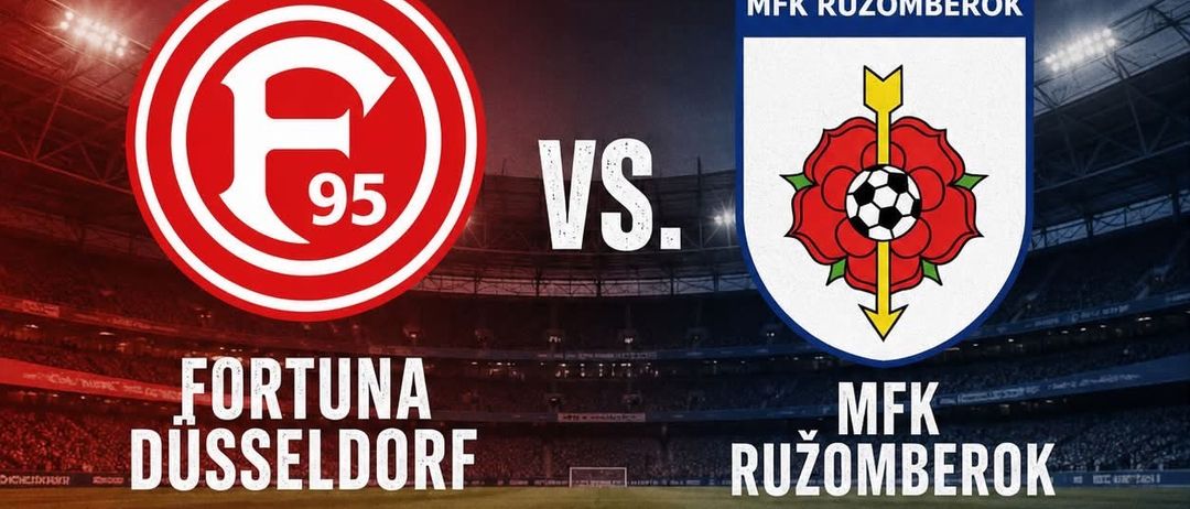 Plakat für ein Fußballspiel zwischen Fortuna Düsseldorf und MFk Ruzomberok im Holzhaider Stadion am 14. Juli 2026 um 18 Uhr.