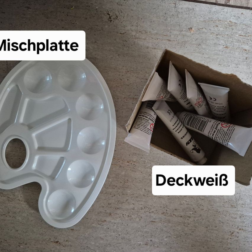 Ein Bild von einer weißen Palette und einer Schachtel mit weißen Farbtuben. Die Palette hat Bereiche für verschiedene Farben. Die Schachtel hat den Text "DeckweiB".