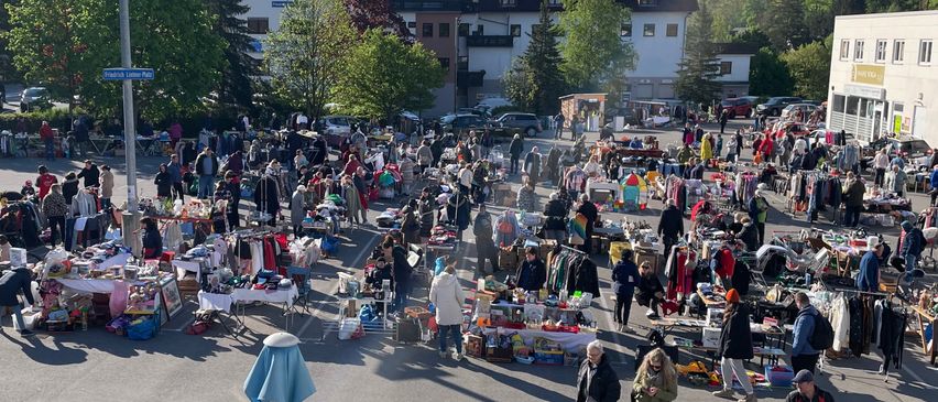 Ein geschäftiger Flohmarkt mit vielen Ständen, Menschen beim Stöbern und einer malerischen Kulisse von Bäumen und Gebäuden unter einem klaren Himmel.