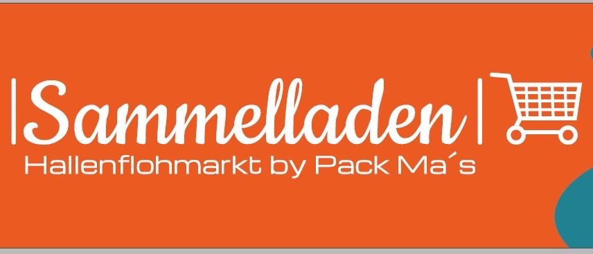 Ein orangefarbener Banner mit weißem Text lautet 'Immelladen | Online-Markt von Pack Ma's'. Es zeigt ein Einkaufswagen-Symbol. Ein rundes Logo mit dem Text 'Komm Trau Dich' und einem lächelnden Gesicht befindet sich rechts.