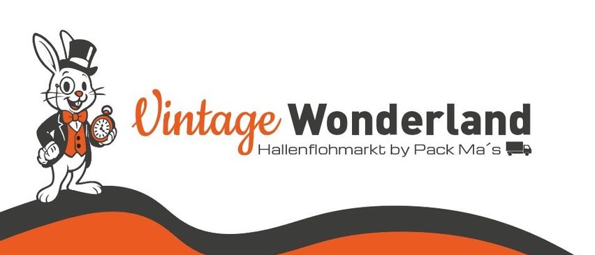 Vintage Wonderland Logo mit einem Hasen im Zylinder, der eine Taschenuhr hält, auf weißem Hintergrund.