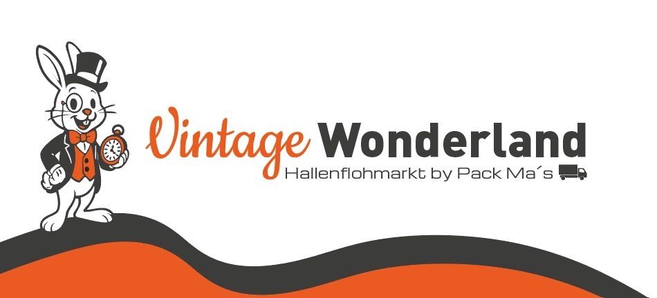 Vintage Wonderland Logo mit einem Hasen im Zylinder, der eine Taschenuhr hält, auf weißem Hintergrund.