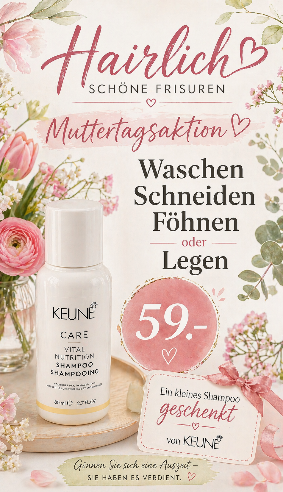 Eine Flasche KEUNE Care Shampoo mit einem Blumenhintergrund und Text über eine Aktion zum Muttertag.