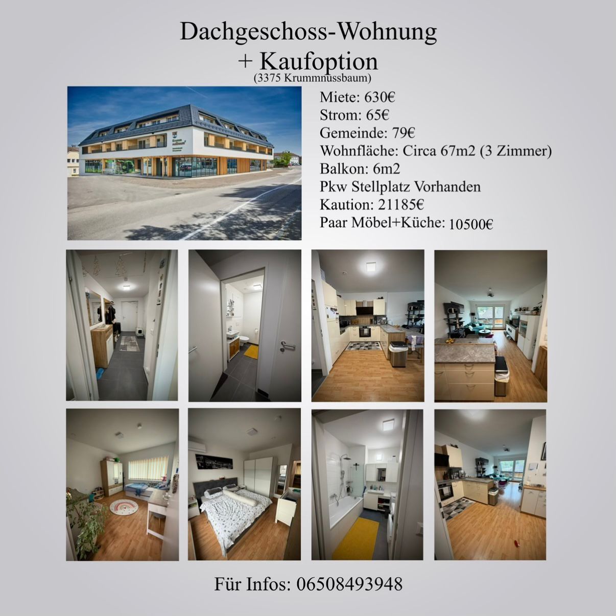 Werbeanzeige für ein Penthouse mit Kaufoption in Krummnußbaum. Es bietet 630€ Miete, 65€ Nebenkosten, 79€ Gemeinschaftskosten, 67m2 Wohnfläche, 6m2 Balkon, einen Parkplatz und optionale Möbel. Der Gesamtpreis beträgt 211.850€. Kontaktieren Sie 06508493948 für Informationen.