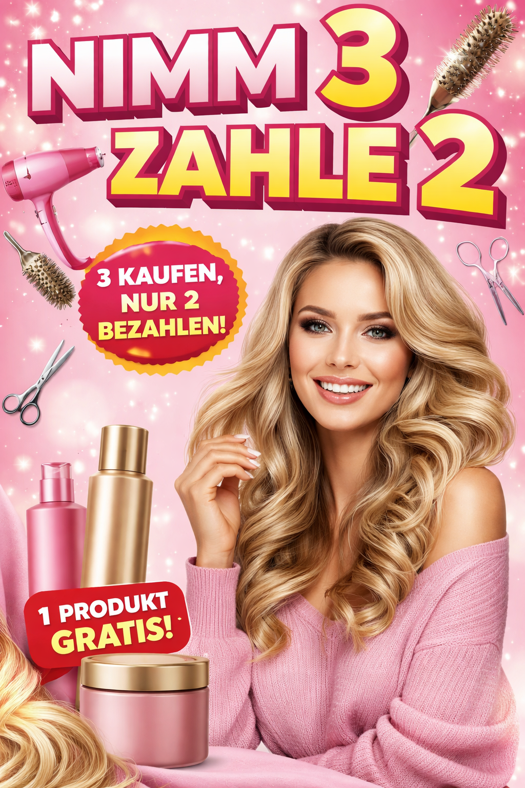 Ein Werbeplakat für Haarpflegeprodukte. Eine lächelnde Frau mit blonden Locken hält eine Flasche. Es bietet ein Kauf 3, Zahle 2 Angebot und ein kostenloses Produkt. Haarwerkzeuge und ein Haartrockner im Hintergrund.