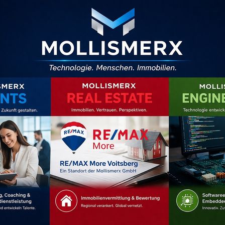 Werbeanzeige für Mollismerx, ein Unternehmen für Immobilien und Technologie. Es zeigt das RE/MAX-Branding und hebt Immobiliendienstleistungen, Softwareentwicklung und Talentförderung hervor.