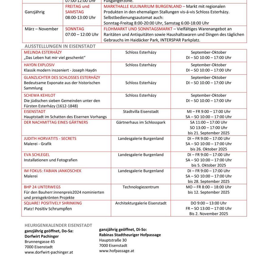 Das Bild zeigt einen Veranstaltungskalender für Eisenstadt mit verschiedenen Ausstellungen, Märkten und Events. Zu den wichtigsten Veranstaltungen gehören 'Flohmarkt und Sonntagsmarkt', 'Ausstellungen in Eisenstadt' und 'Heurigenkalender Eisenstadt'. Daten und Zeiten für jede Veranstaltung sind angegeben.