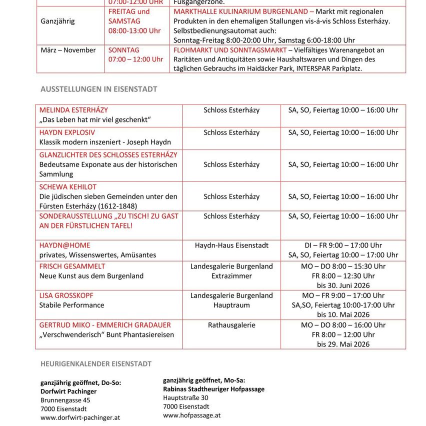 Der Eisenstadter Markt öffnet jährlich an Samstag und Sonntag. Besondere Markttage sind der Samstag mit einem Selbstbedienungsfrühstück bis 18:00 Uhr und der Sonntag mit einem Flohmarkt. Veranstaltungen umfassen eine Sonderausstellung zu Joseph Haydn.