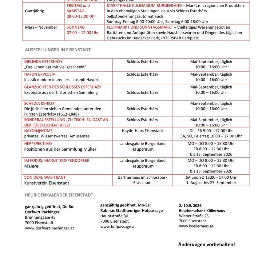 Ein Dokument zeigt einen Zeitplan für Veranstaltungen in Eisenstadt, einschließlich Ausstellungen und Markttagen, mit Datum und Uhrzeit für jedes Ereignis aufgelistet.