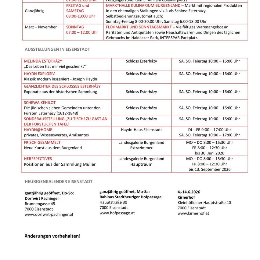 Das Bild zeigt einen Zeitplan für verschiedene Ausstellungen in Eisenstadt von März bis November. Veranstaltungen umfassen Joseph Haydns Arbeit, mit spezifischen Daten und Zeiten. Weitere Ausstellungen zeigen Schwetz Kehlot, Haydn@Home und mehr. Der Zeitplan ist detailliert mit Daten, Zeiten und Orten.