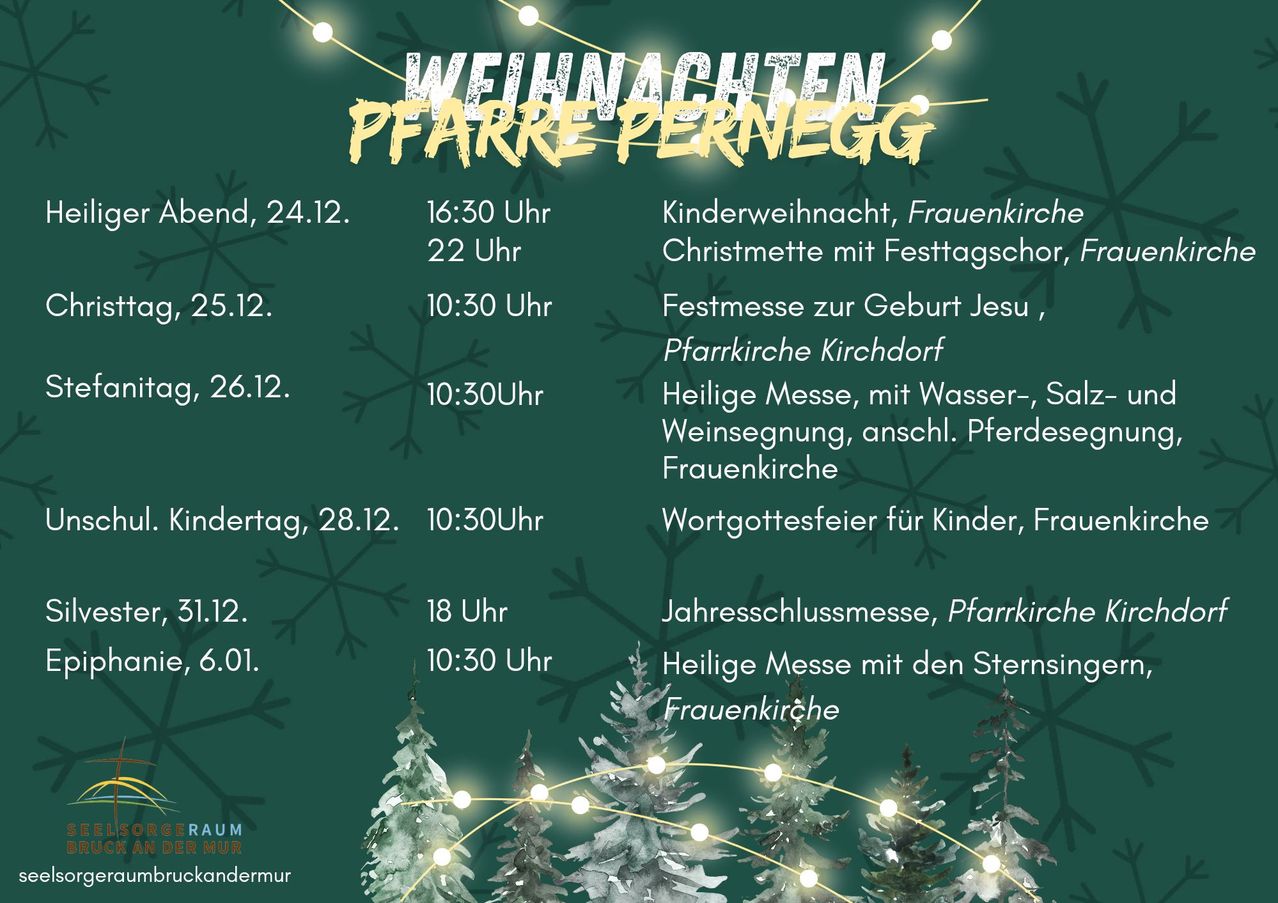 Ein Weihnachtsbaum-Ereignisplan ist auf einem grünen Hintergrund gezeigt. Es enthält Kinderweihnachten, Weihnachtsmesse und andere Veranstaltungen. Die Veranstaltungstermine sind vom 24. Dezember bis 6. Januar.