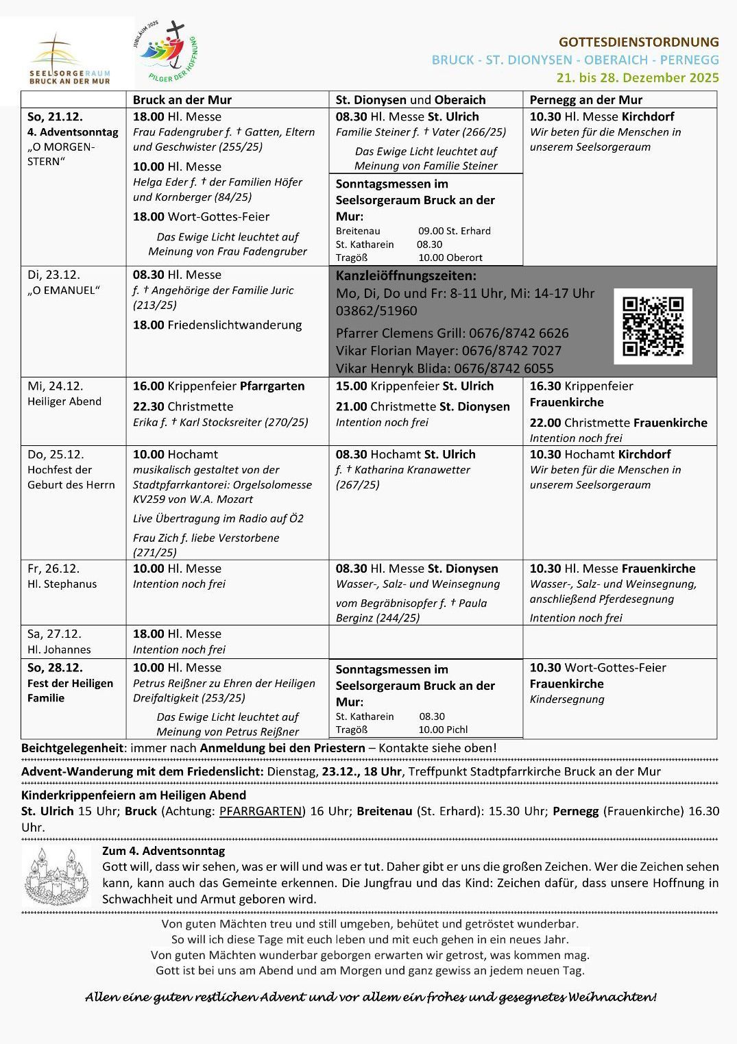 Dokument enthält religiöse Veranstaltungspläne für Dezember mit Messen, Anbetungen und einem Friedensspaziergang. Es listet Orte, Zeiten und Intentionen für jede Veranstaltung auf. Es erwähnt auch einen Weihnachtsmarkt, einen Kinderweihnachtsmarkt und eine Adventwanderung.