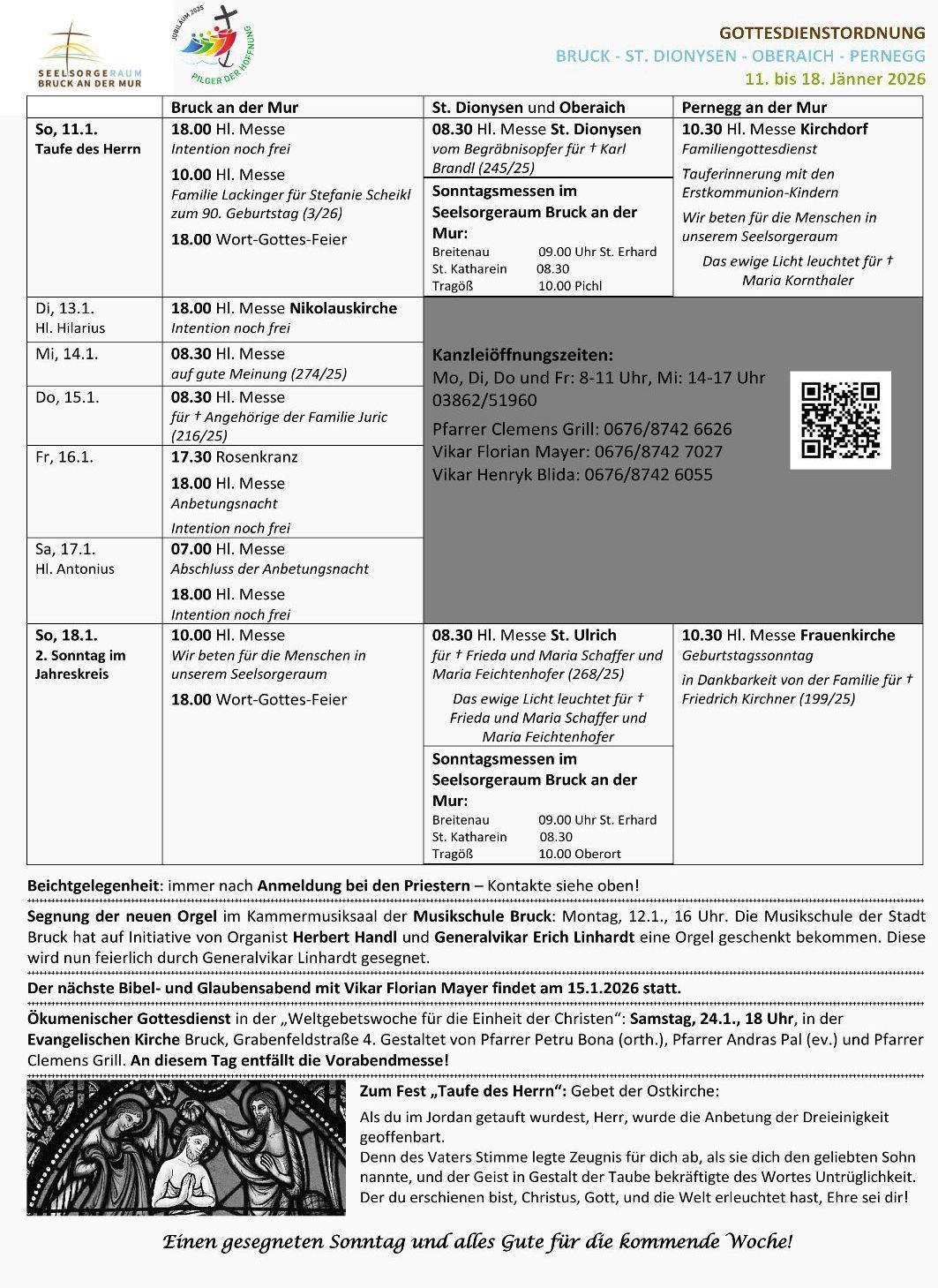 Das Dokument enthält einen Zeitplan für Gottesdienste, einschließlich Messen und Veranstaltungen, mit Angaben zu Zeiten, Orten und besonderen Beobachtungen. Ein QR-Code ist für weitere Informationen vorhanden.