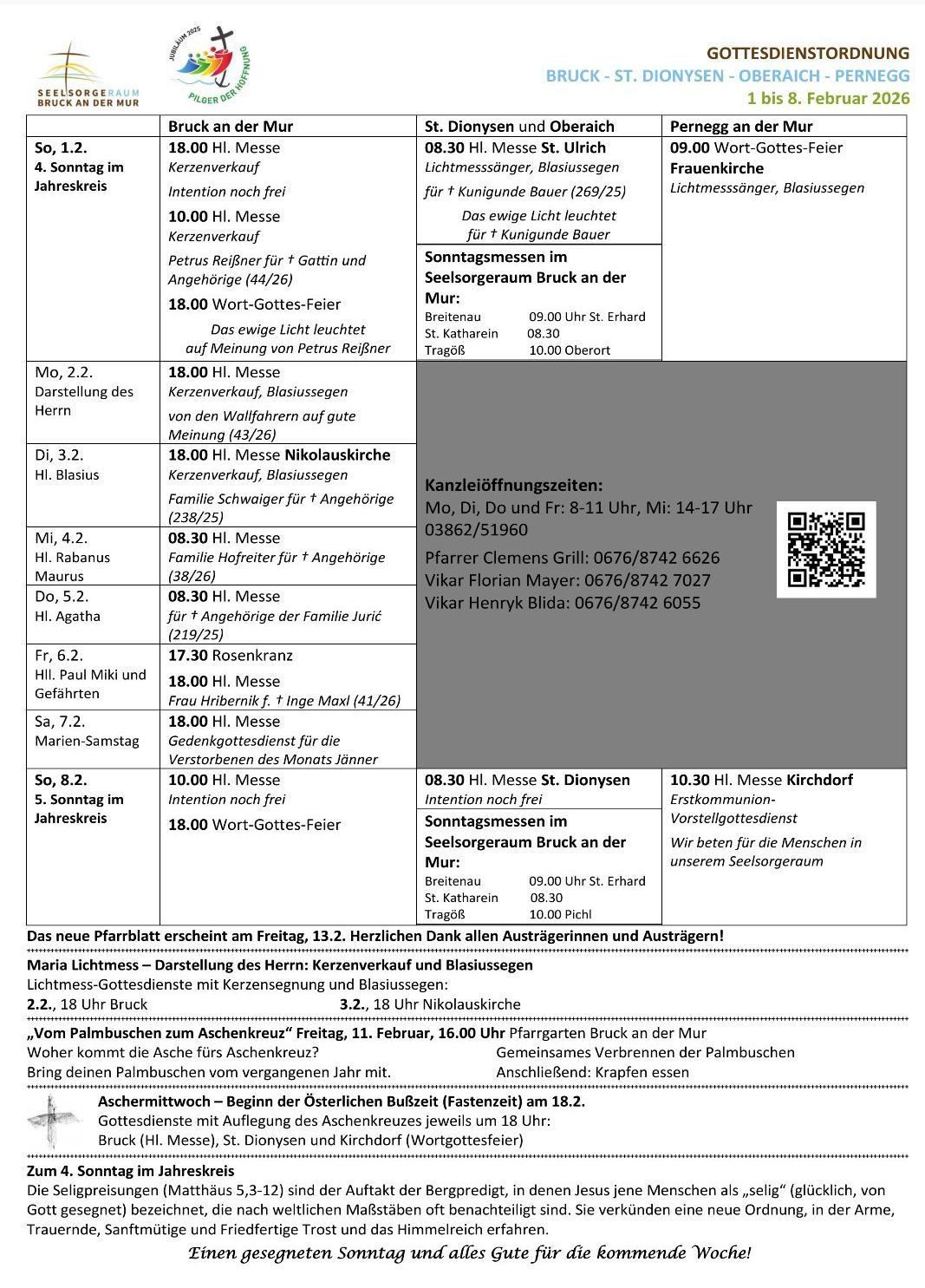 Das Dokument listet Gottesdienste für das Jahr auf, einschließlich Daten, Zeiten und Orten. Es enthält Messen, Taufen und andere religiöse Veranstaltungen. Jeder Eintrag enthält eine spezifische Zeit, einen Ort und zusätzliche Informationen wie den Zelebranten oder spezielle Intentionen. Es enthält auch einen QR-Code für weitere Informationen.