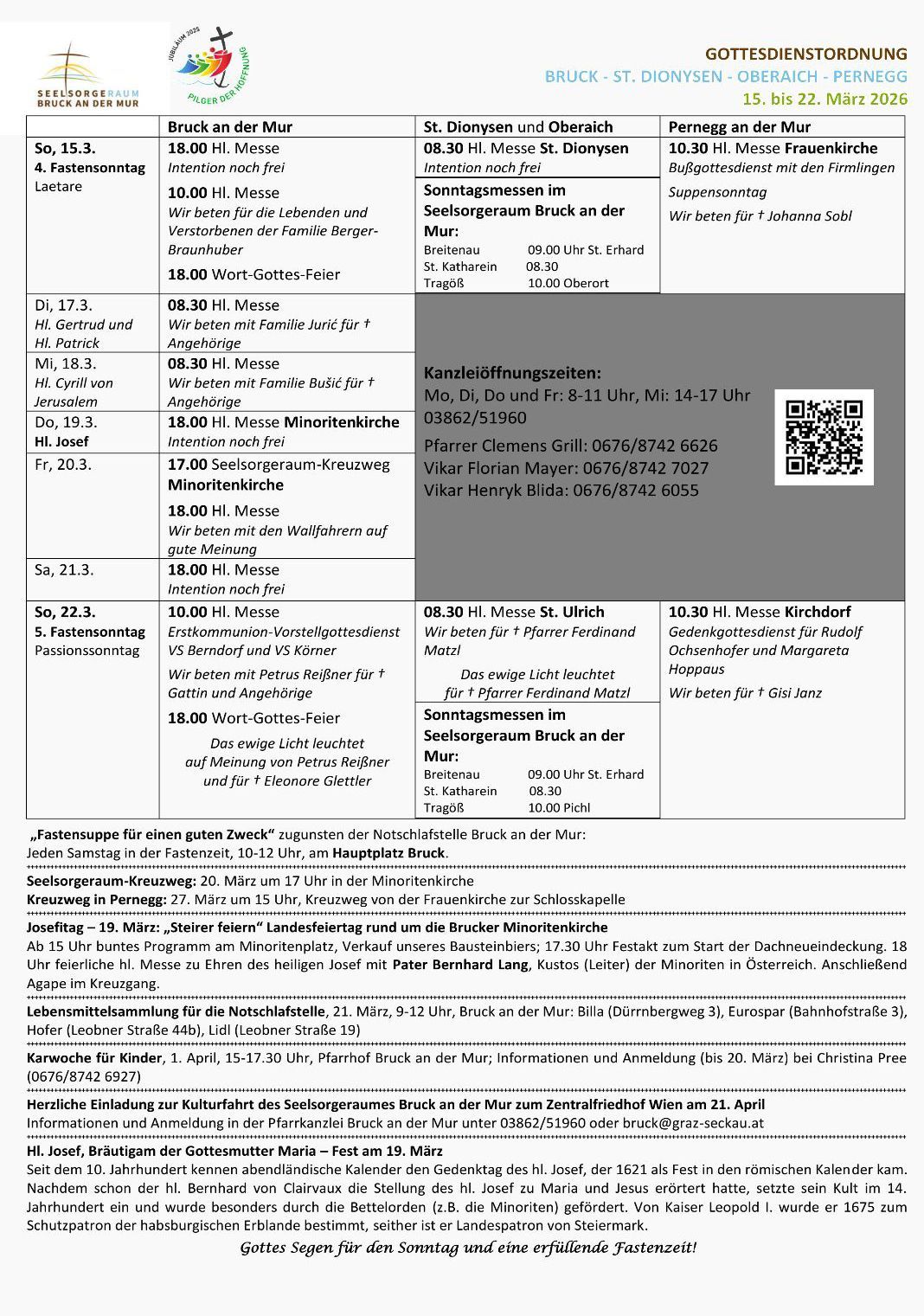 Ein Dokument zeigt den Zeitplan für Messen und Gottesdienste im Seelsorgeraum Bruck an der Mur, einschließlich Angaben zu Terminen, Uhrzeiten und Orten verschiedener Messen und Veranstaltungen. Auch QR-Codes für Kontaktinformationen sind vorhanden.
