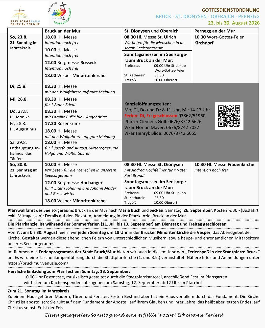 Ein Zeitplan für Gottesdienste und Veranstaltungen im Seelsorgeraum Bruck an der Mur, einschließlich Details zu einem Sonntagabend-Vespergottesdienst am 25. August und einer Familienmesse am 26. August.