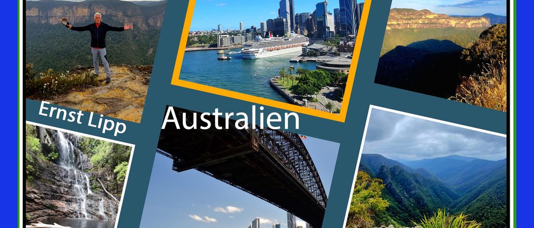 A photo presentation of Australia featuring mountains, a bridge, and city landscapes. Hosted by Ernst Lipp on April 17, 2026, at 6 PM at Fotoklub Uebelbac.