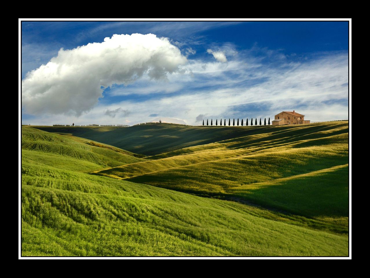 Eine ländliche Landschaft mit einem kleinen Haus auf einem Hügel. Der Himmel ist blau mit einigen Wolken. Grüne Felder und eine Reihe von Bäumen im Vordergrund.