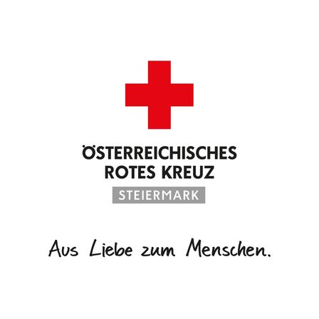 Auf weißem Hintergrund zeigt sich ein rotes Kreuz-Emblem, darunter steht der Text 'Österreichisches Rotes Kreuz' und 'Steiermark'. Darunter befindet sich der Satz 'Aus Liebe zum Menschen'.