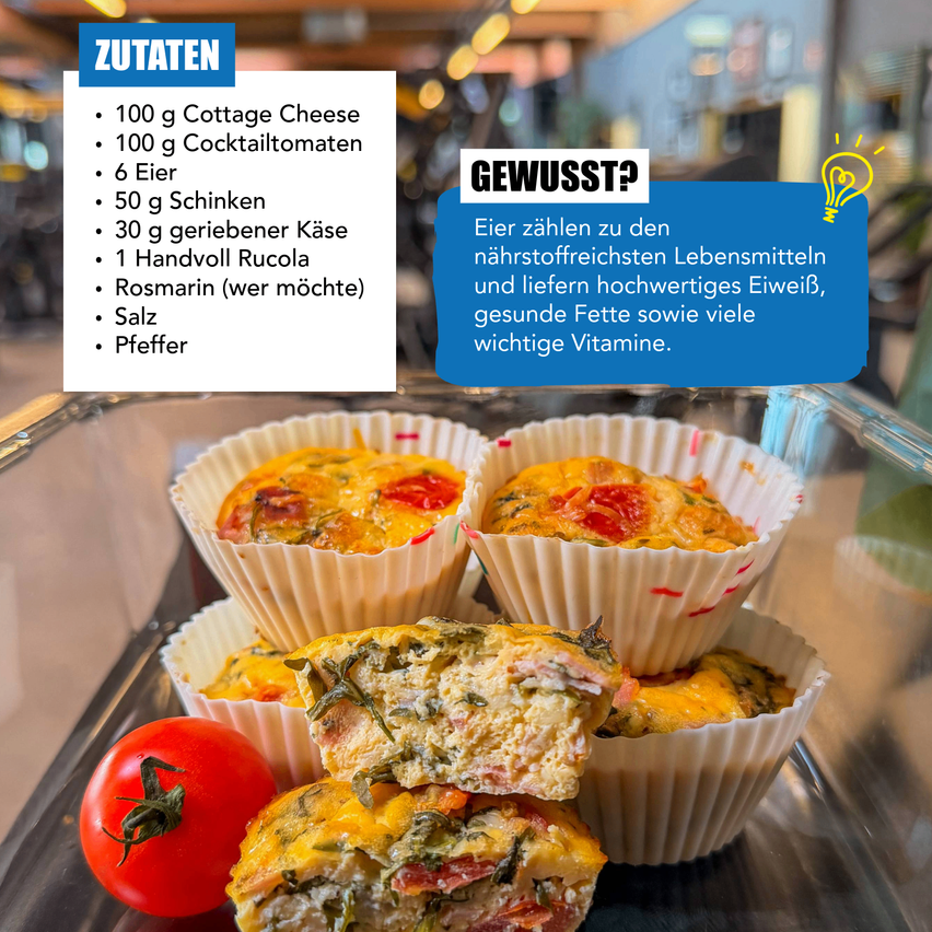 Ein Tablett mit sechs Mini-Quiches und einer Tomate daneben. Zutaten umfassen Hüttenkäse, Cocktailtomaten, Eier, Speck und Kräuter.