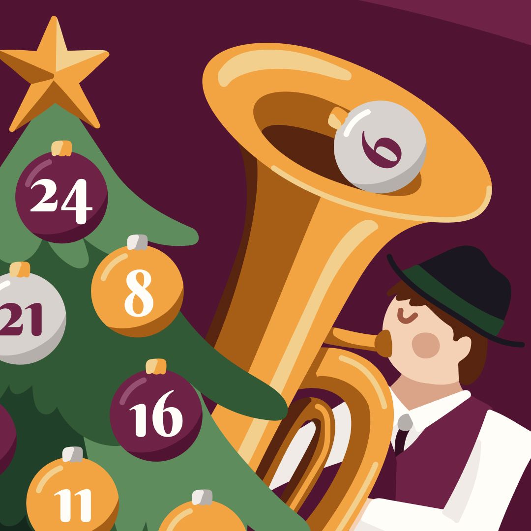 Eine Illustration zeigt einen Weihnachtsbaum mit nummerierten Kugeln und einem Tuba mit der Nummer sechs innen, gespielt von einem Musiker in einer festlichen Umgebung.