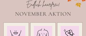 Ein Plakat mit rosa Hintergrund und Herbstblättern zeigt eine November-Aktion für Haarentfernung. Drei Dienstleistungen sind aufgelistet: Gesichtskombination, Rücken und Achseln, mit Original- und reduzierten Preisen. Die Frist für die Buchung ist der 30. November.