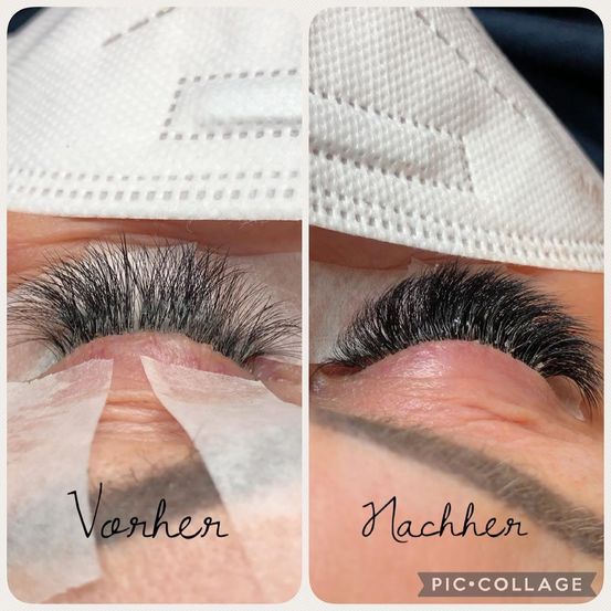 Vor-und Nachbilder von Wimpern mit einer Nahaufnahme des Anwendungsprozesses. Die linke Seite zeigt Wimpern vor dem Eingriff und die rechte Seite zeigt Wimpern nach dem Eingriff. Die Wimpern erscheinen voller und voluminöser.