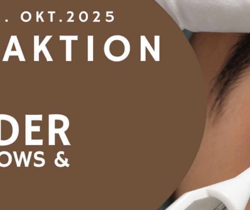 A close-up of a woman's face receiving an eyebrow treatment. The word 'ION' is displayed on a brown background.