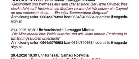 Gesundheitsinitiative in Oswald. Termine von Ostern bis Ende April. Sitzungen umfassen 'Klangschalen und ihre Wirkung auf Körper, Geist und Seele', 'Gesundheit und Wellness aus dem Bienenstock' und 'Die Mittelmeerküche: Weltkulturerbe und wie keine andere Ernährung in Ernährungsstudien untersucht.' Kostenlose Kurse. Anmeldung erforderlich. Weitere Informationen: www.facebook.com/gsundinoswald.