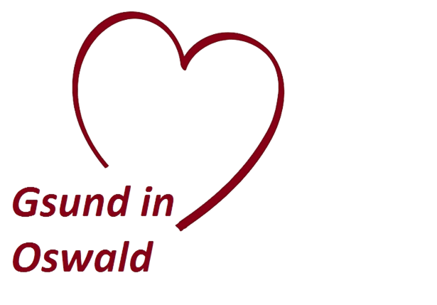 Das rote Herzform-Logo für Gsund in Oswald auf schwarzem Hintergrund. Das Herz wird durch zwei sich überlappende rote Linien gebildet.