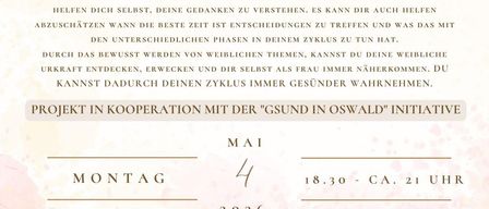 Workshop über Menstruationszykluswissen mit vier Phasen. Erlernen Sie das Wesen der Frau und die Zyklusphasen. Gewinnen Sie wertvolle Erkenntnisse, um Ihren Zyklus und Ihre Gesundheit zu verstehen und zu verbessern. Das Bewusstsein für weibliche Themen kann Ihnen helfen, Ihre weibliche Kraft zu entdecken und sich als Frau näher zu kommen.