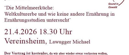 Plakat für eine Gesundheitsinitiative mit verschiedenen Gerichten und einem QR-Code. Es hebt die mediterrane Ernährung als die beste Ernährungsweise für Herz und Gefäße hervor. Die Veranstaltung ist kostenlos, erfordert jedoch eine Anmeldung. Sie ist für den 21. April 2026 um 18:30 Uhr geplant.