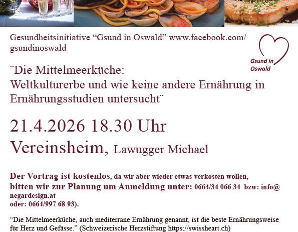 Plakat für eine Gesundheitsinitiative mit verschiedenen Gerichten und einem QR-Code. Es hebt die mediterrane Ernährung als die beste Ernährungsweise für Herz und Gefäße hervor. Die Veranstaltung ist kostenlos, erfordert jedoch eine Anmeldung. Sie ist für den 21. April 2026 um 18:30 Uhr geplant.