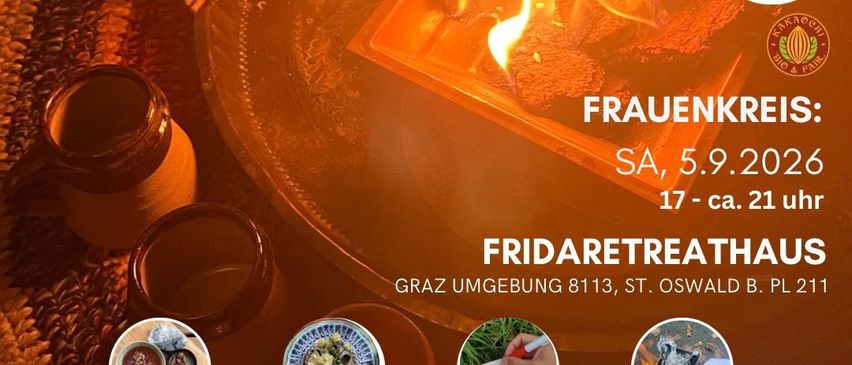 Plakat für ein Halbjahresritual im Jahr 2026 mit Feuer, Kakao-Zeremonie und Frauenkreis. Das Event beinhaltet Reflexion, Loslassen und Neuausrichtung. Der Termin ist Samstag, 5. September 2026, von 17 bis 21 Uhr.