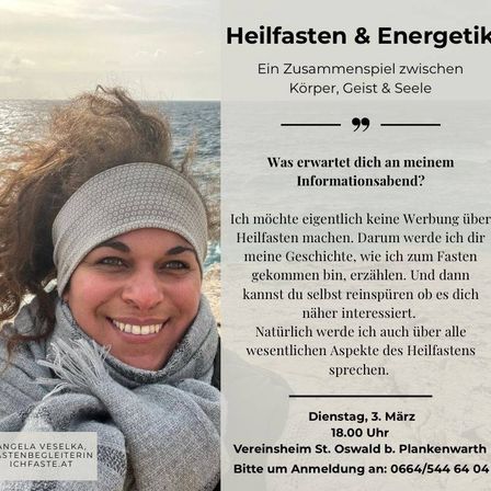 Eine lächelnde Frau in einem Schal und Stirnband posiert für ein Foto am Strand. Der Text handelt von einem Heilfasten-Event, der sich auf das Zusammenspiel von Körper, Geist und Seele konzentriert. Details umfassen eine persönliche Geschichte, Diskussion über Fastenaspekte und eine Einladung zu einem Treffen am 3. März.