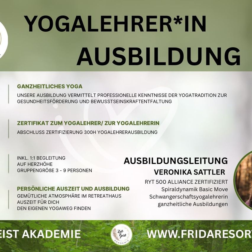 Plakat für Yogalehrer-Ausbildungsprogramm, mit Details zum Lehrplan, zur Ausbilderin Veronika Sattler und den Vorteilen des Programms. Das Plakat enthält Informationen zum ganzheitlichen Yoga-Ansatz, zur Zertifizierung und zur persönlichen Entwicklung.