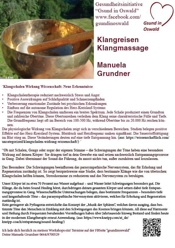 Ein Flyer für einen Workshop zum Klangschalen-Heilen mit einer goldenen Klangschale, einem QR-Code und Text auf Deutsch. Der Flyer hebt die Vorteile des Klangschalen-Heilen hervor, einschließlich Stressabbau, verbesserte Schlafqualität und Schmerzlinderung. Es wird auch die Einwirkung des Klangs auf das autonome Nervensystem und die Aktivierung des parasympathischen Nervensystems erwähnt.