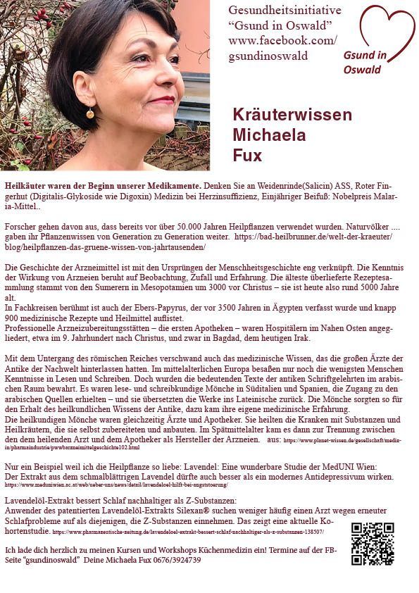 Ein Flyer mit dem Gesicht einer Frau und Text über Kräutermedizin. Es erwähnt die Geschichte der Heilpflanzen, den Ebers Papyrus und die Rolle der Mönche bei der Bewahrung des alten medizinischen Wissens. Es hebt auch die Vorteile von Lavendelöl für den Schlaf hervor.