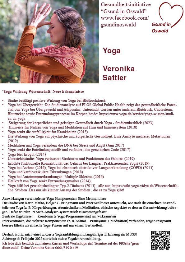 Ein Flyer für Yoga-Workshops von Veronika Sattler. Der Flyer enthält ein Foto einer Frau, die Yoga praktiziert, Text über die Vorteile von Yoga und einen QR-Code.