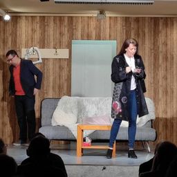 Bild enthält, Indoors, Interior Design, Coat, Pants, Adult, Male, Man, Person, Female, Woman