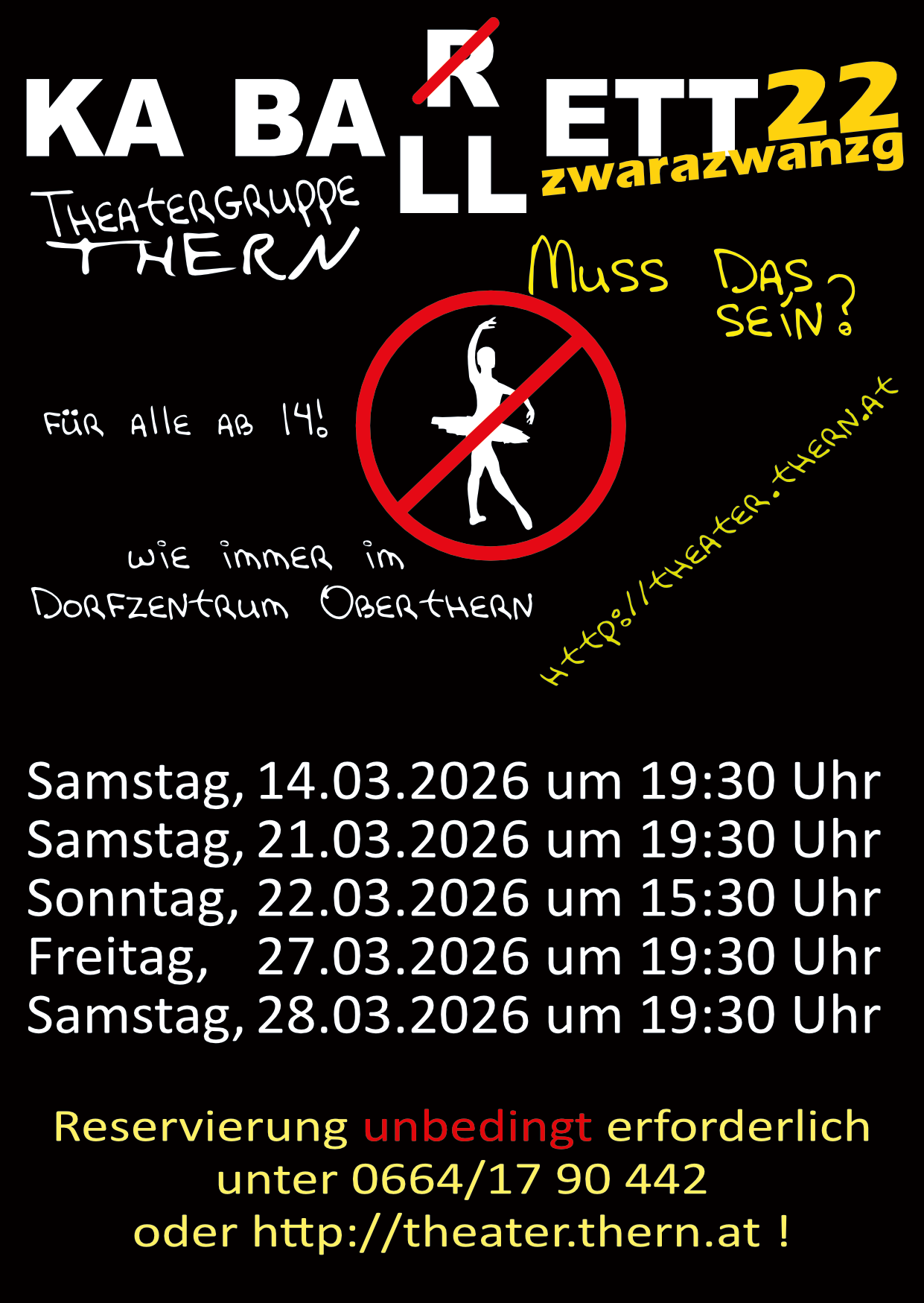 Die Theatergruppe Obern präsentiert Aufführungen im Dorfzentrum Obern ab 19:30 an verschiedenen Terminen im März 2026. Aufführungen sind für alle Altersgruppen zugänglich.