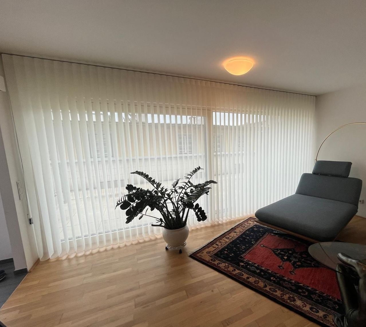 Ein Wohnzimmer mit einem großen Fenster mit Jalousien, einer Pflanze in einem weißen Topf, einem grauen Liegestuhl und einem Teppich.