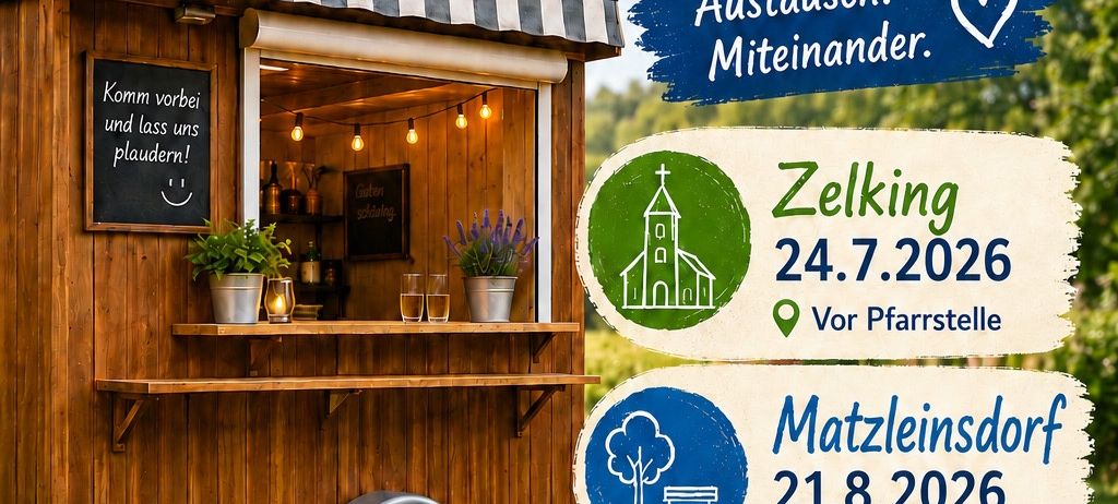 Eine Anzeige des Dorferneuerungsvereins zeigt einen Imbissstand mit bevorstehenden Terminen in Zelking, Matzleinsdorf und Mannersdorf. Zu jedem Termin gibt es eine Ortsangabe.