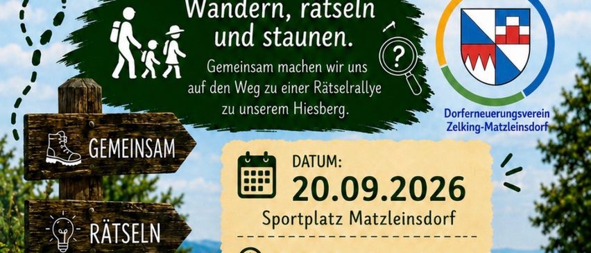 Plakat für Wandertag-Veranstaltung am 20.09.2026, mit einer Familie beim Wandern, Lupensymbol, Logo und Veranstaltungsdetails.