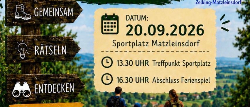 Plakat für Wandertag-Veranstaltung am 20.09.2026. Es zeigt eine Familie beim Wandern mit Karte, Lupe und Logo. Die Veranstaltung beinhaltet Wandern, Rätsel und Entdecken. Sie beginnt um 13:30 und endet um 16:30.